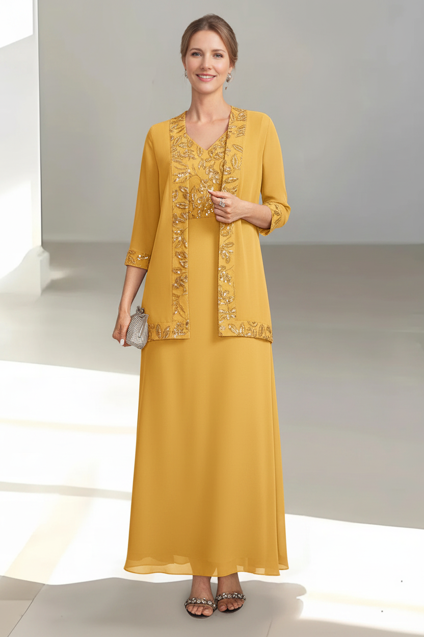 2 Pieces A-Line/Princess V-Neck Sleeveless Ankle-Length Mother of the Bride Dresses with Appliques & Sequins & Jacket