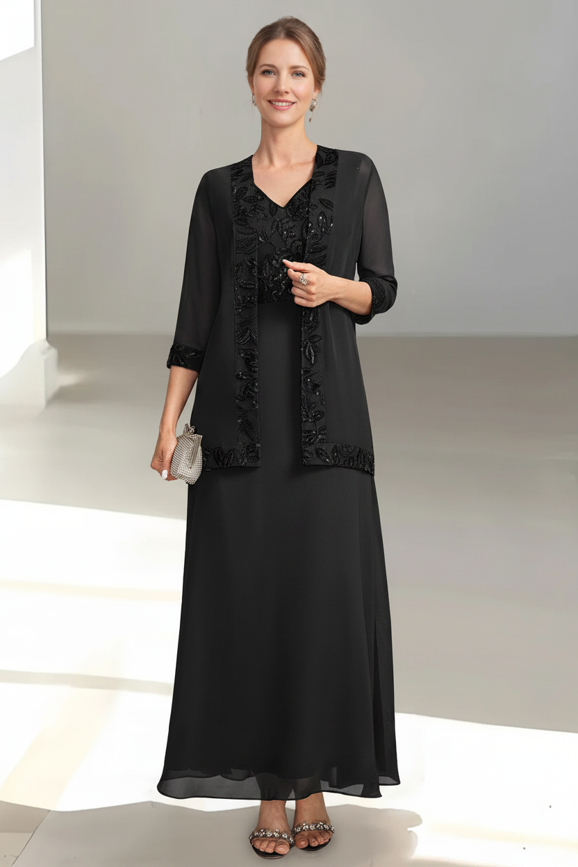 2 Pieces A-Line/Princess V-Neck Sleeveless Ankle-Length Mother of the Bride Dresses with Appliques & Sequins & Jacket