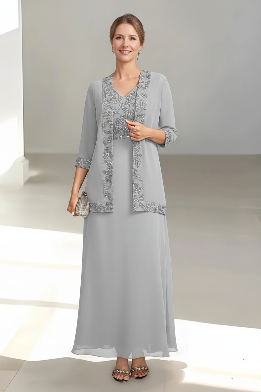 2 Pieces A-Line/Princess V-Neck Sleeveless Ankle-Length Mother of the Bride Dresses with Appliques & Sequins & Jacket