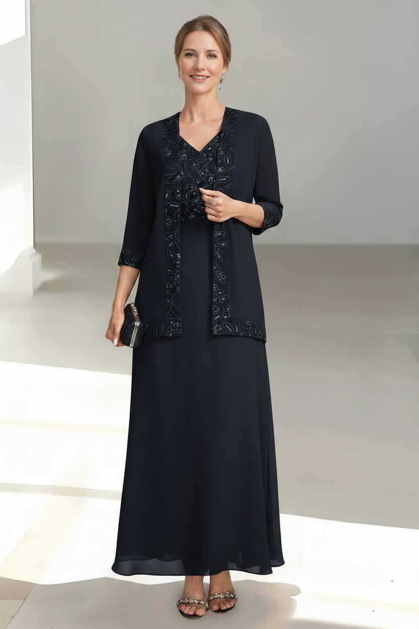 2 Pieces A-Line/Princess V-Neck Sleeveless Ankle-Length Mother of the Bride Dresses with Appliques & Sequins & Jacket