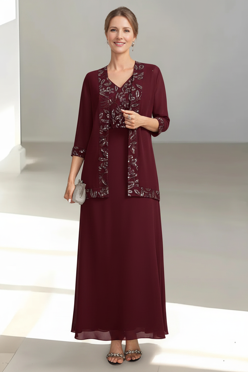2 Pieces A-Line/Princess V-Neck Sleeveless Ankle-Length Mother of the Bride Dresses with Appliques & Sequins & Jacket