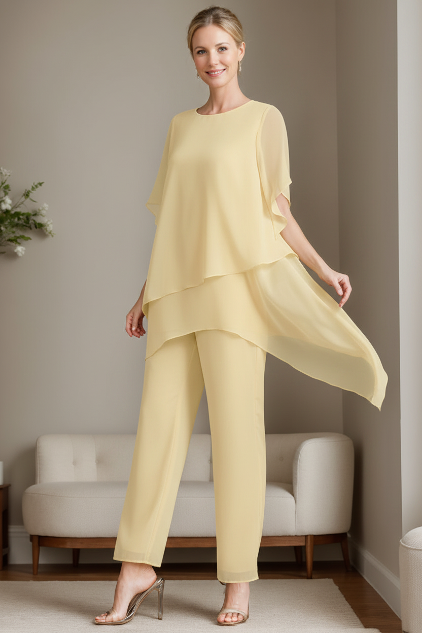 2 Pieces Chiffon Elegant Round Neck Mother of the Bride Pantsuits with Ruffles