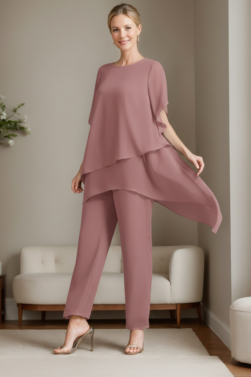2 Pieces Chiffon Elegant Round Neck Mother of the Bride Pantsuits with Ruffles