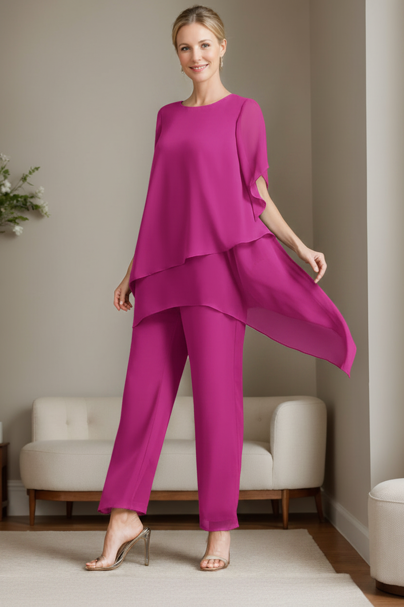 2 Pieces Chiffon Elegant Round Neck Mother of the Bride Pantsuits with Ruffles