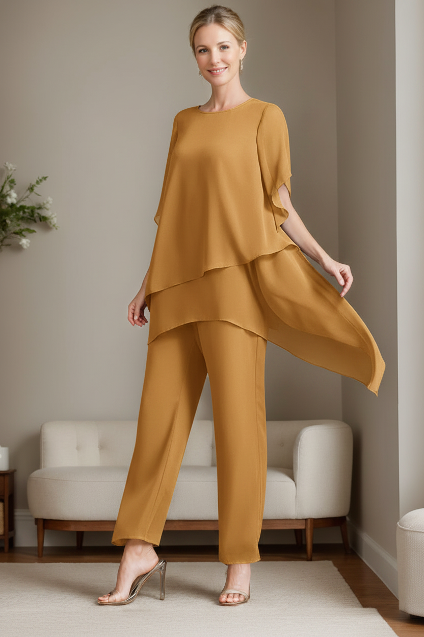 2 Pieces Chiffon Elegant Round Neck Mother of the Bride Pantsuits with Ruffles