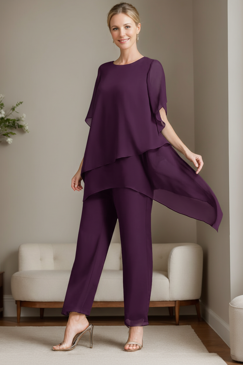 2 Pieces Chiffon Elegant Round Neck Mother of the Bride Pantsuits with Ruffles
