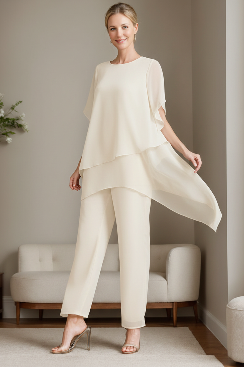 2 Pieces Chiffon Elegant Round Neck Mother of the Bride Pantsuits with Ruffles