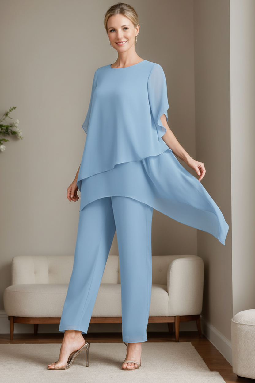 2 Pieces Chiffon Elegant Round Neck Mother of the Bride Pantsuits with Ruffles