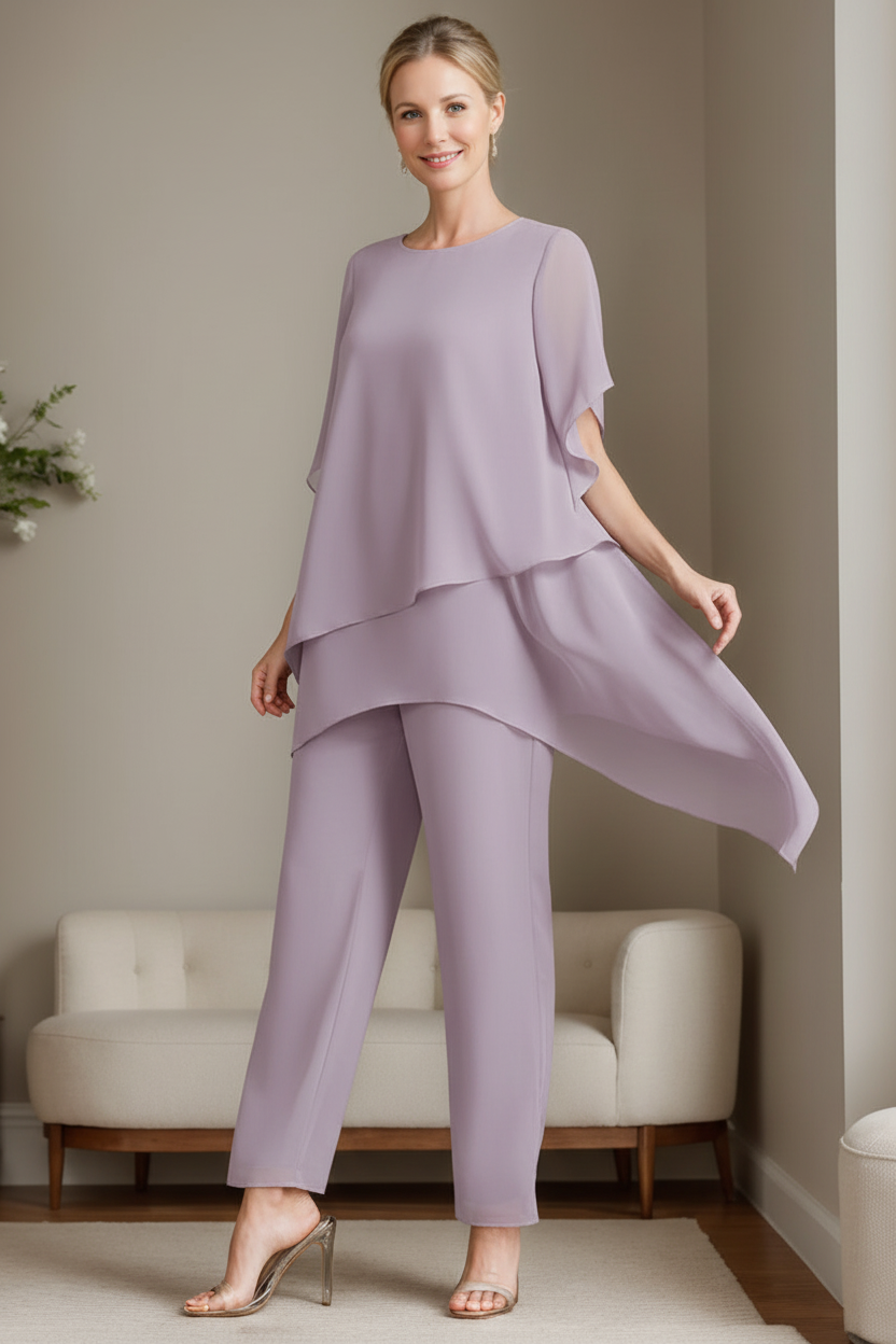 2 Pieces Chiffon Elegant Round Neck Mother of the Bride Pantsuits with Ruffles