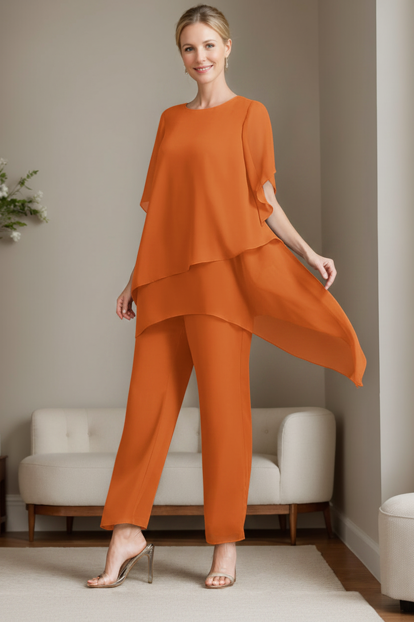 2 Pieces Chiffon Elegant Round Neck Mother of the Bride Pantsuits with Ruffles