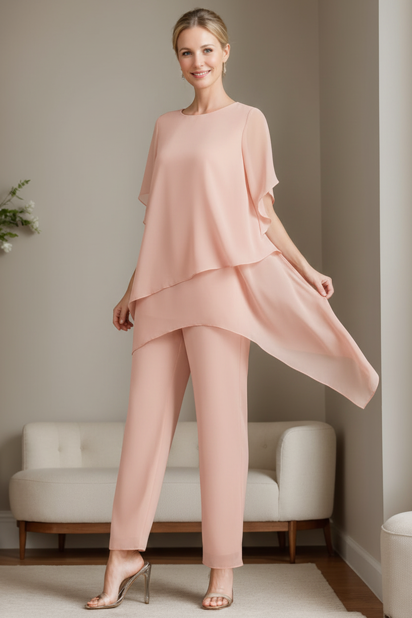 2 Pieces Chiffon Elegant Round Neck Mother of the Bride Pantsuits with Ruffles