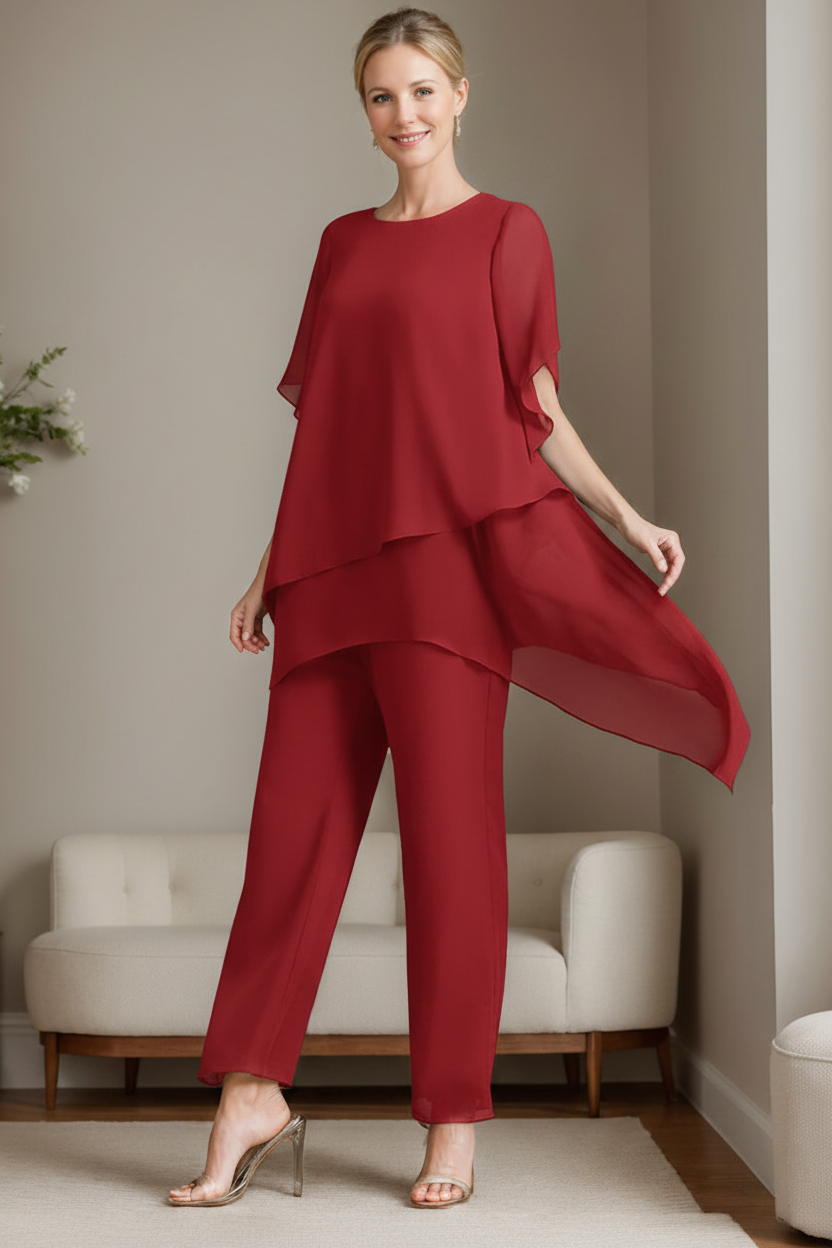 2 Pieces Chiffon Elegant Round Neck Mother of the Bride Pantsuits with Ruffles