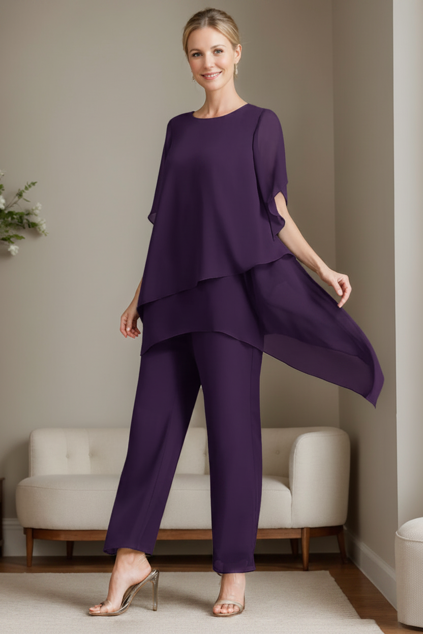 2 Pieces Chiffon Elegant Round Neck Mother of the Bride Pantsuits with Ruffles