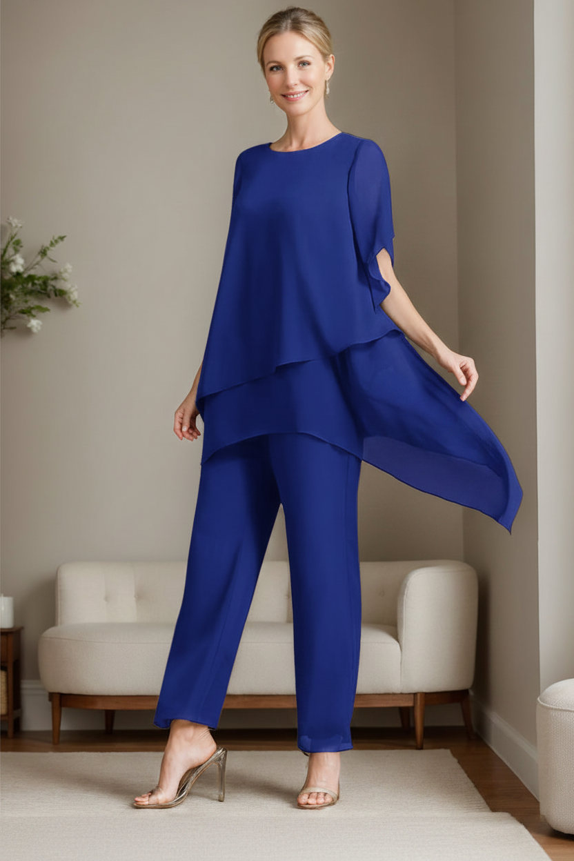 2 Pieces Chiffon Elegant Round Neck Mother of the Bride Pantsuits with Ruffles