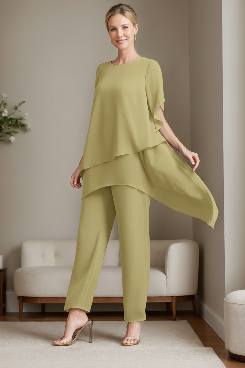 2 Pieces Chiffon Elegant Round Neck Mother of the Bride Pantsuits with Ruffles