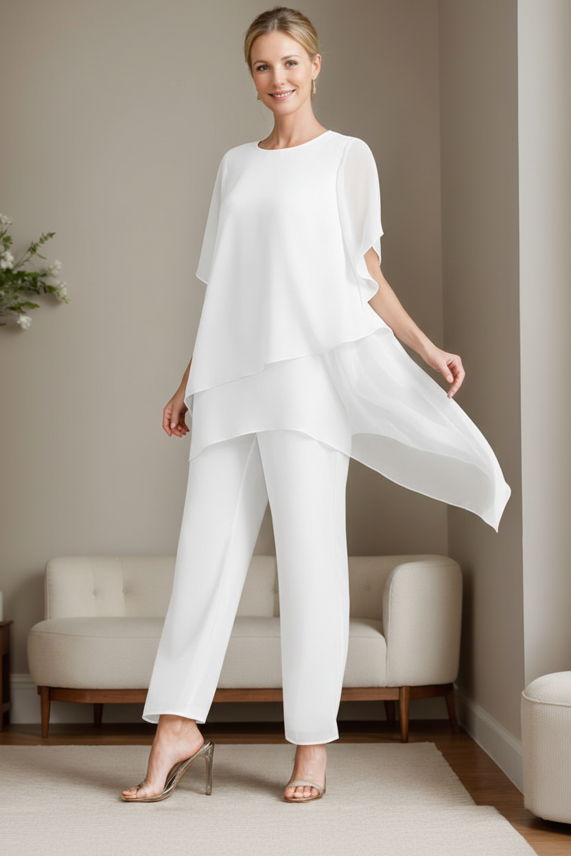 2 Pieces Chiffon Elegant Round Neck Mother of the Bride Pantsuits with Ruffles