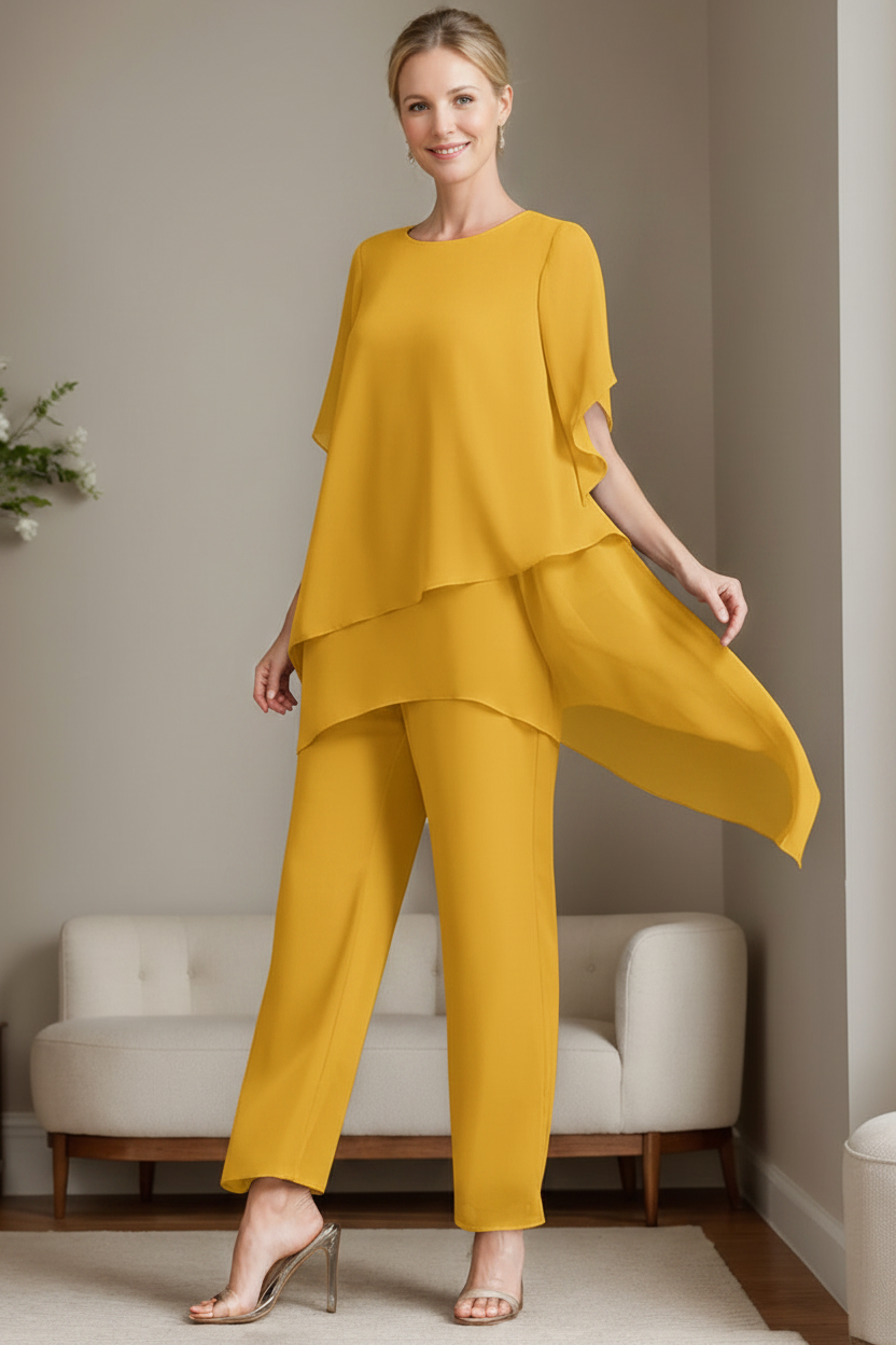 2 Pieces Chiffon Elegant Round Neck Mother of the Bride Pantsuits with Ruffles