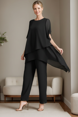 2 Pieces Chiffon Elegant Round Neck Mother of the Bride Pantsuits with Ruffles