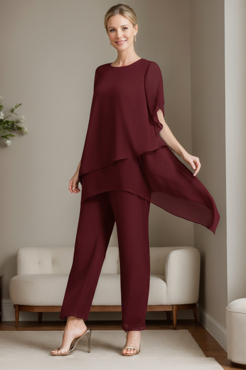 2 Pieces Chiffon Elegant Round Neck Mother of the Bride Pantsuits with Ruffles