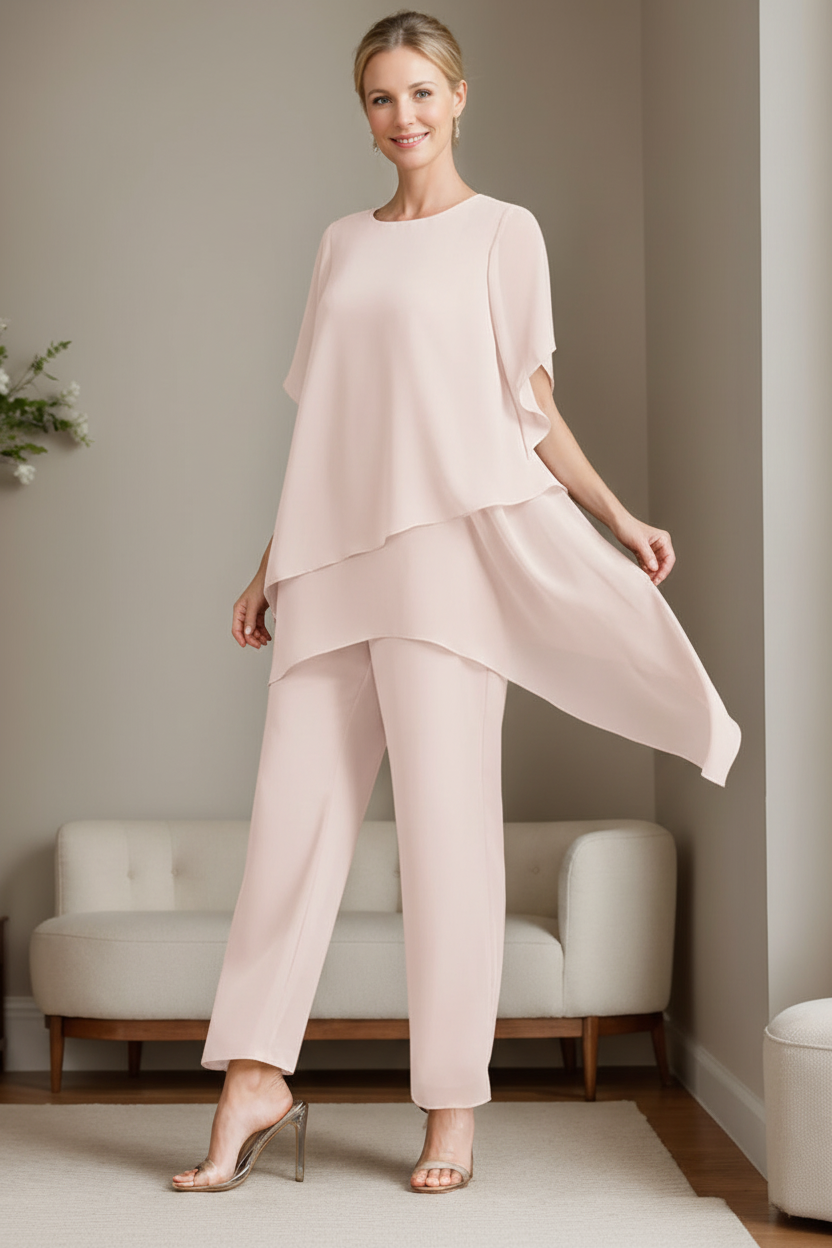 2 Pieces Chiffon Elegant Round Neck Mother of the Bride Pantsuits with Ruffles