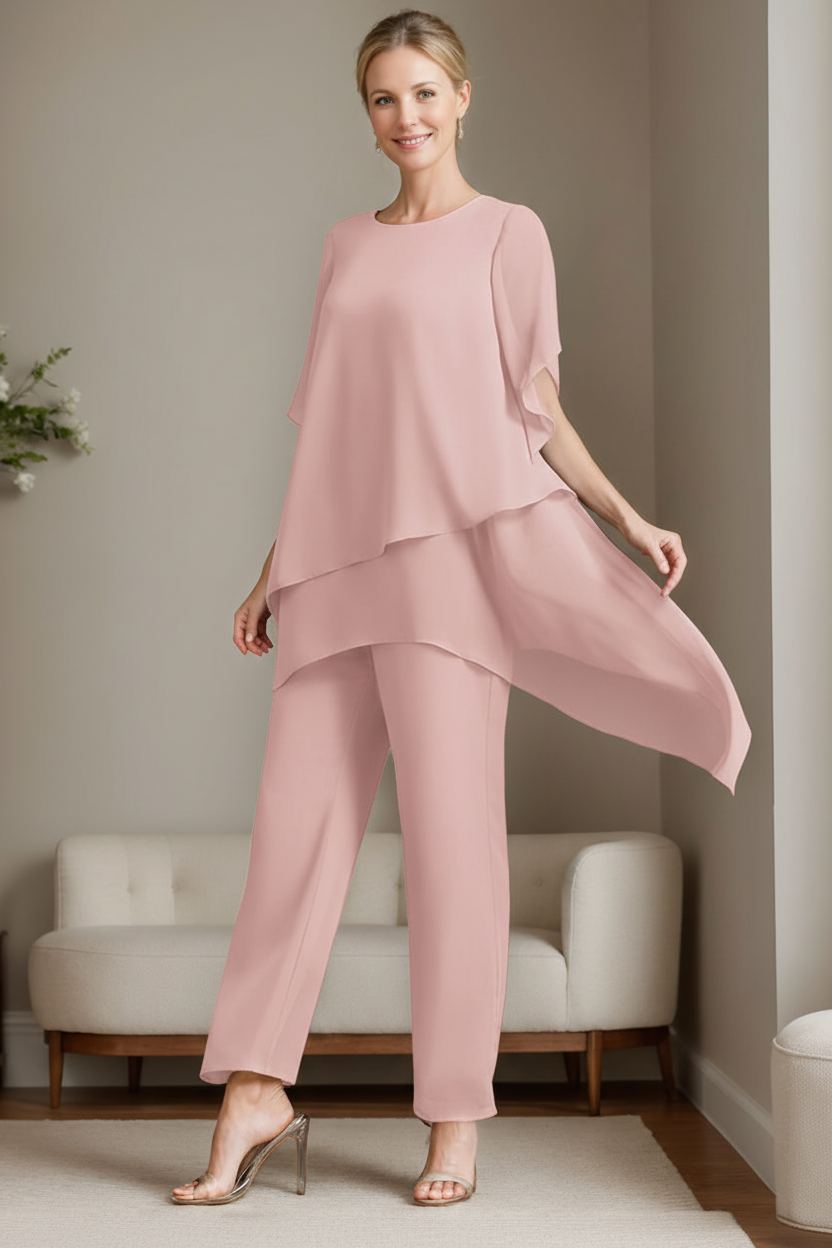 2 Pieces Chiffon Elegant Round Neck Mother of the Bride Pantsuits with Ruffles