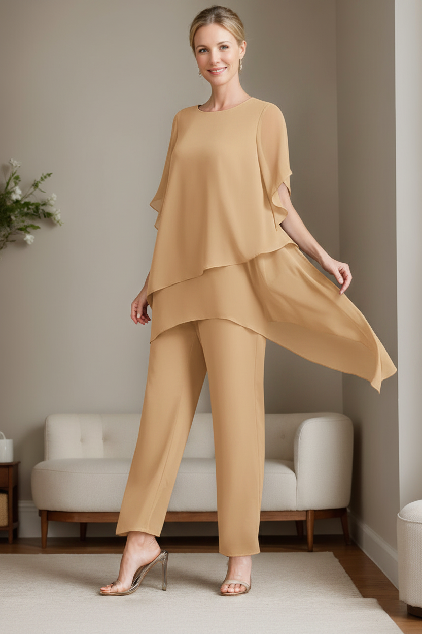 2 Pieces Chiffon Elegant Round Neck Mother of the Bride Pantsuits with Ruffles
