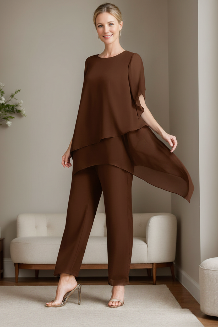 2 Pieces Chiffon Elegant Round Neck Mother of the Bride Pantsuits with Ruffles