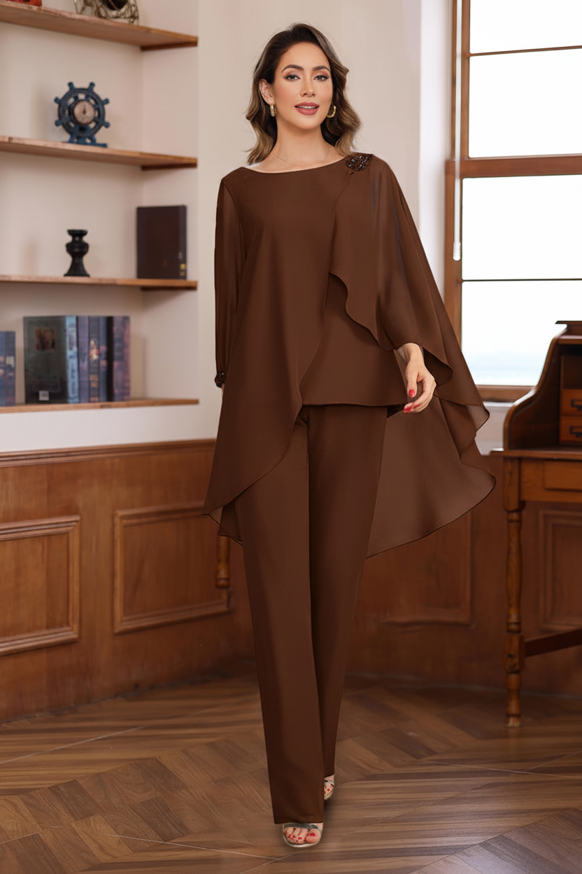 2 Pieces Chiffon Round Neck Floor-Length Mother of the Bride Pantsuits with Ruffles & Sequins & Beading