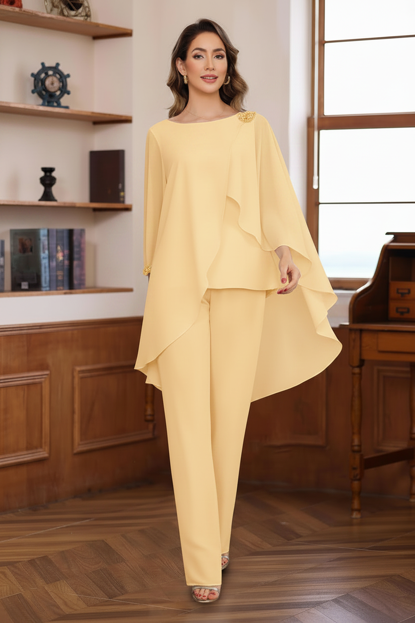 2 Pieces Chiffon Round Neck Floor-Length Mother of the Bride Pantsuits with Ruffles & Sequins & Beading