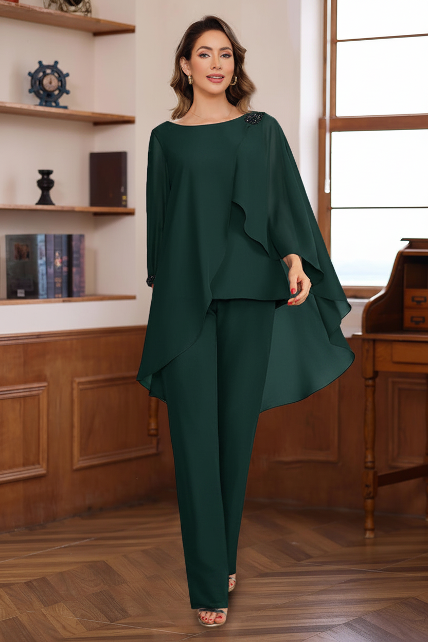 2 Pieces Chiffon Round Neck Floor-Length Mother of the Bride Pantsuits with Ruffles & Sequins & Beading