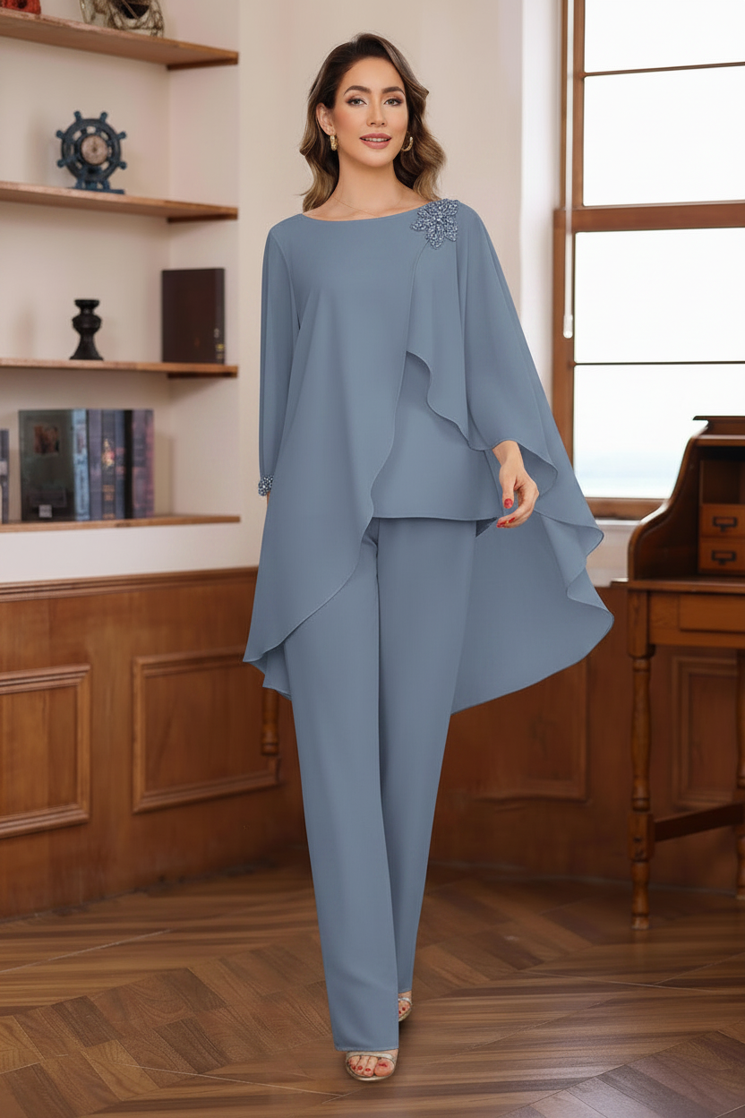 2 Pieces Chiffon Round Neck Floor-Length Mother of the Bride Pantsuits with Ruffles & Sequins & Beading