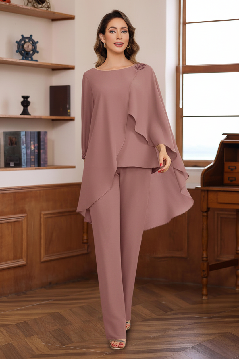 2 Pieces Chiffon Round Neck Floor-Length Mother of the Bride Pantsuits with Ruffles & Sequins & Beading