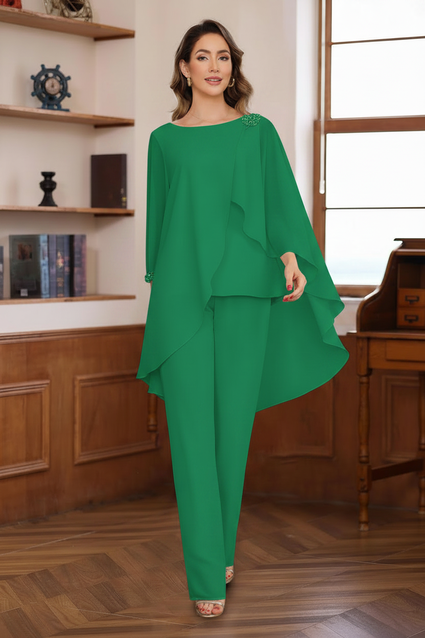 2 Pieces Chiffon Round Neck Floor-Length Mother of the Bride Pantsuits with Ruffles & Sequins & Beading