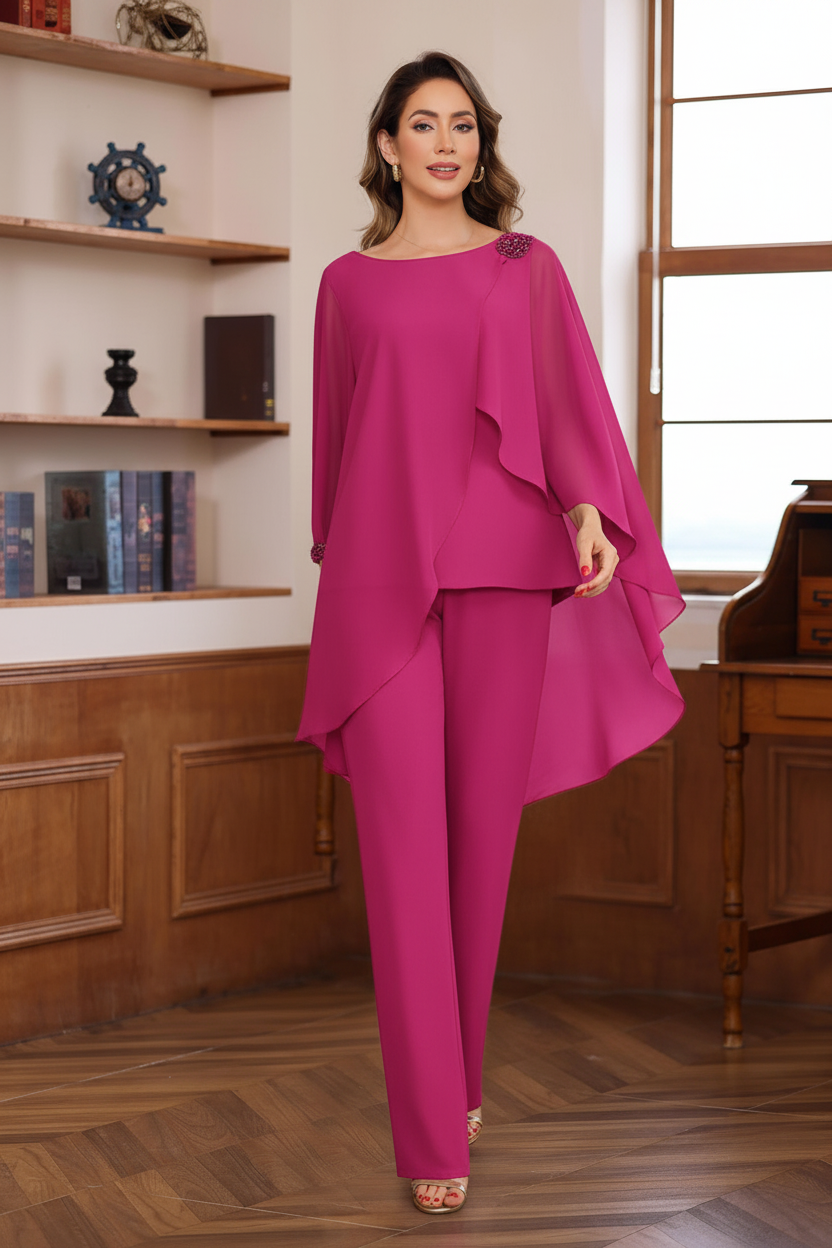 2 Pieces Chiffon Round Neck Floor-Length Mother of the Bride Pantsuits with Ruffles & Sequins & Beading