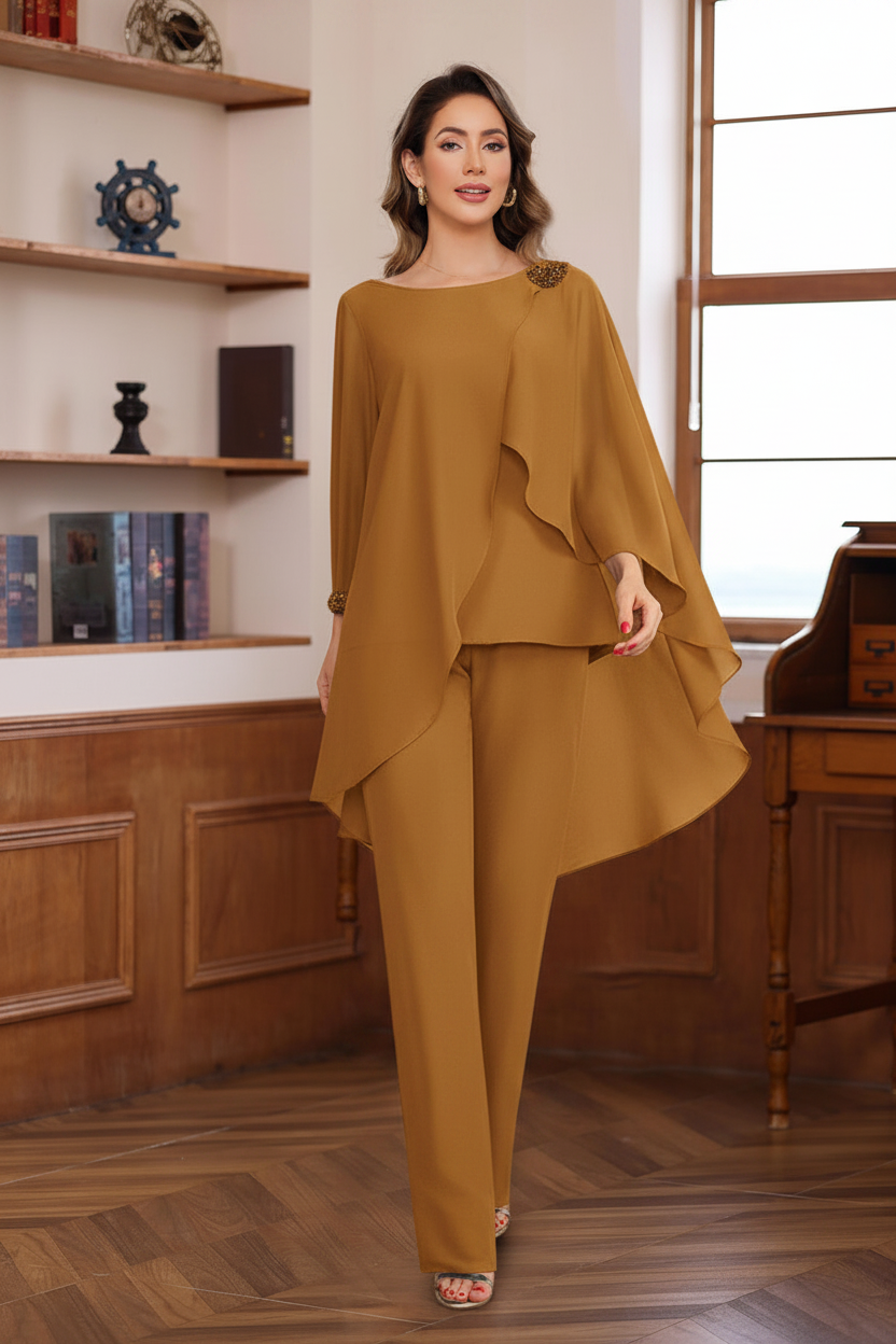 2 Pieces Chiffon Round Neck Floor-Length Mother of the Bride Pantsuits with Ruffles & Sequins & Beading