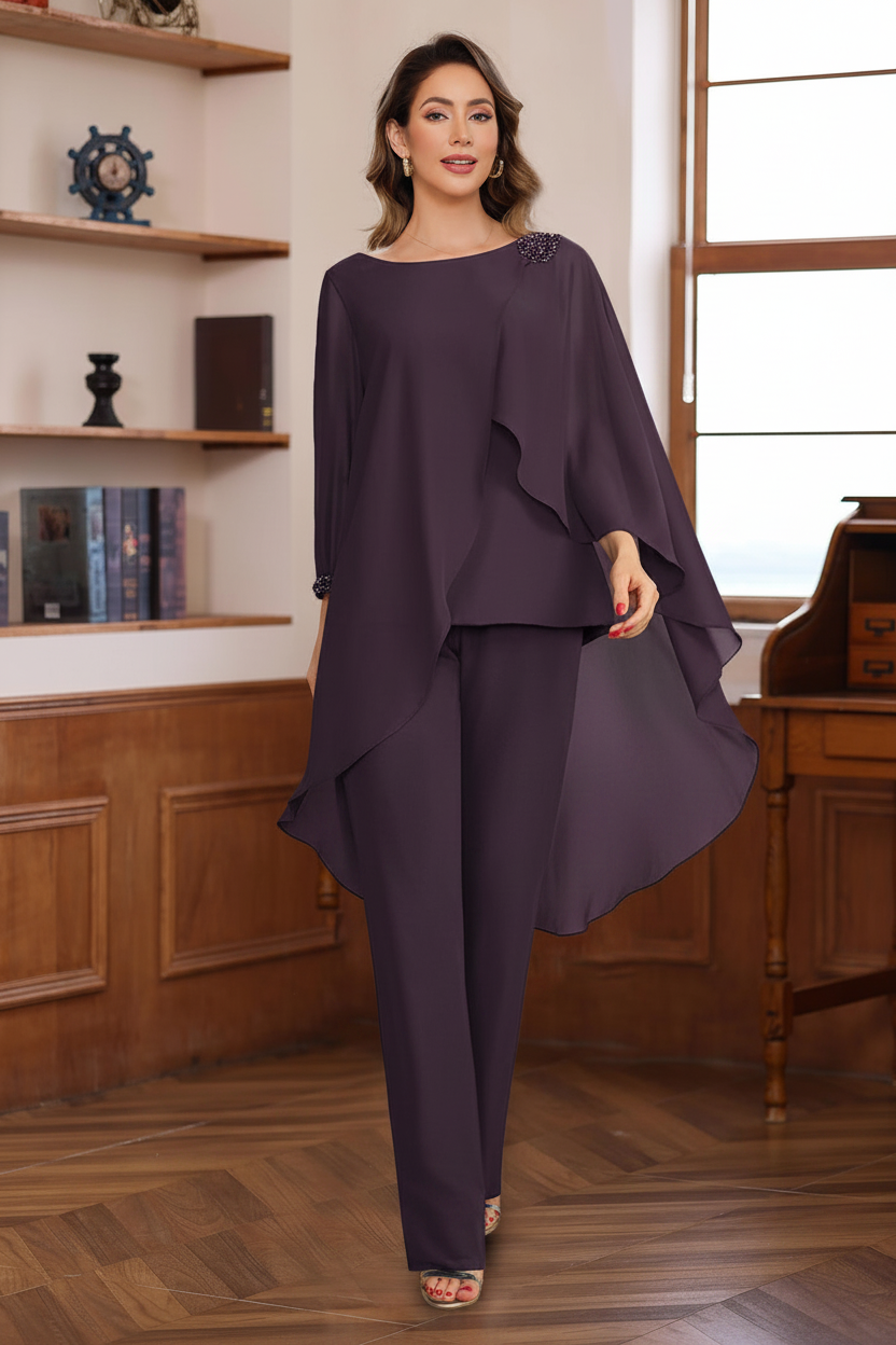 2 Pieces Chiffon Round Neck Floor-Length Mother of the Bride Pantsuits with Ruffles & Sequins & Beading