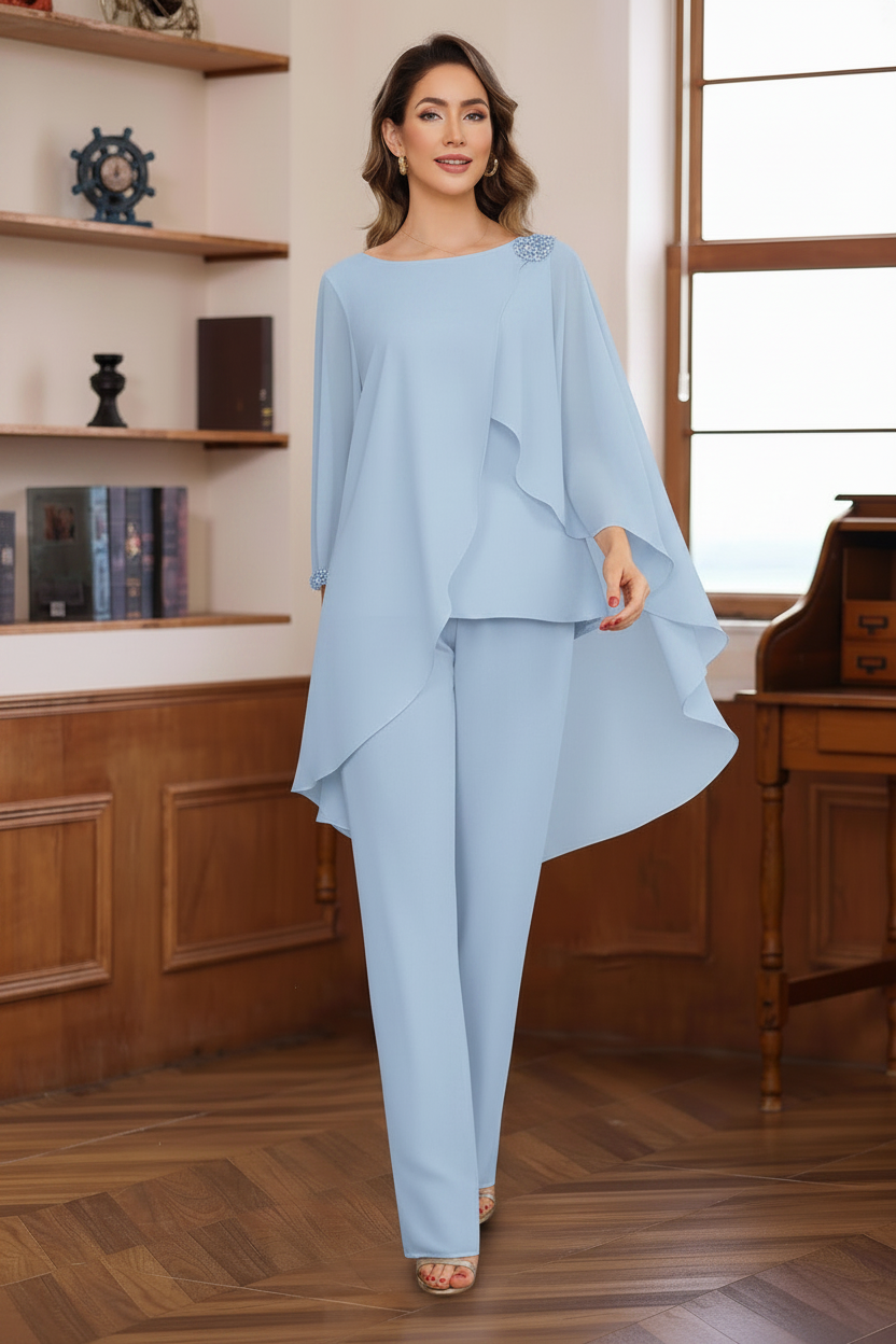 2 Pieces Chiffon Round Neck Floor-Length Mother of the Bride Pantsuits with Ruffles & Sequins & Beading