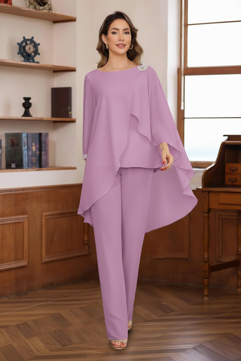 2 Pieces Chiffon Round Neck Floor-Length Mother of the Bride Pantsuits with Ruffles & Sequins & Beading