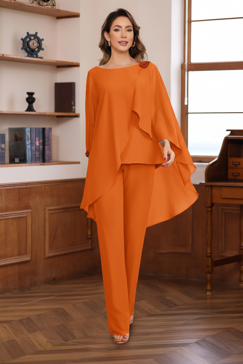 2 Pieces Chiffon Round Neck Floor-Length Mother of the Bride Pantsuits with Ruffles & Sequins & Beading