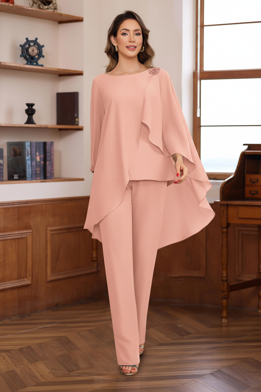 2 Pieces Chiffon Round Neck Floor-Length Mother of the Bride Pantsuits with Ruffles & Sequins & Beading
