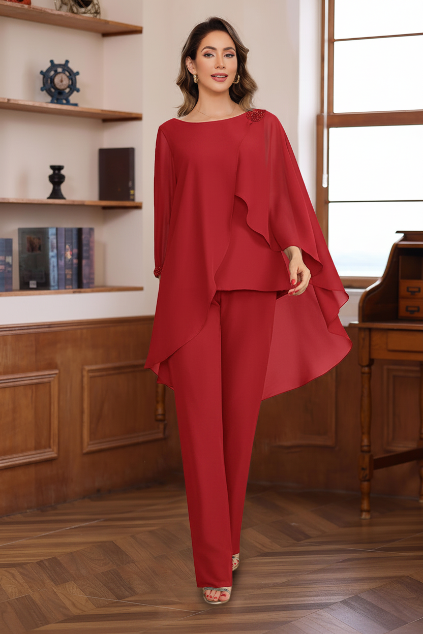 2 Pieces Chiffon Round Neck Floor-Length Mother of the Bride Pantsuits with Ruffles & Sequins & Beading