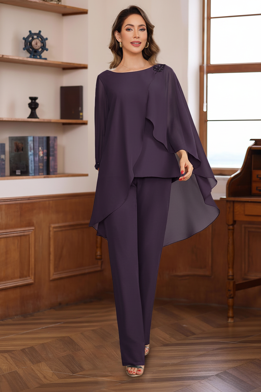 2 Pieces Chiffon Round Neck Floor-Length Mother of the Bride Pantsuits with Ruffles & Sequins & Beading