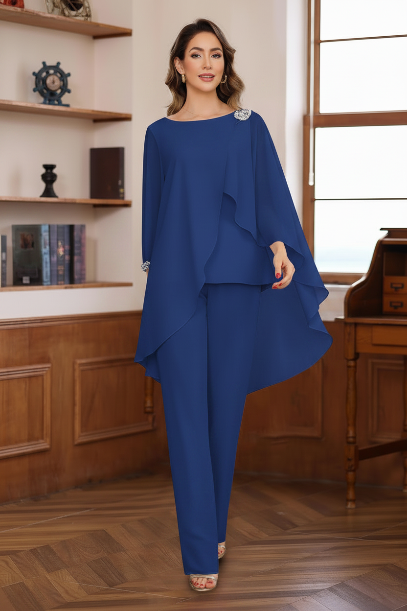 2 Pieces Chiffon Round Neck Floor-Length Mother of the Bride Pantsuits with Ruffles & Sequins & Beading