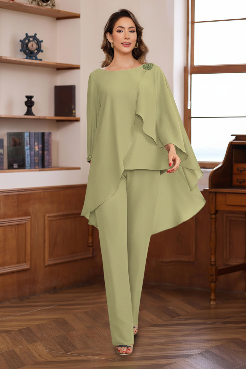 2 Pieces Chiffon Round Neck Floor-Length Mother of the Bride Pantsuits with Ruffles & Sequins & Beading