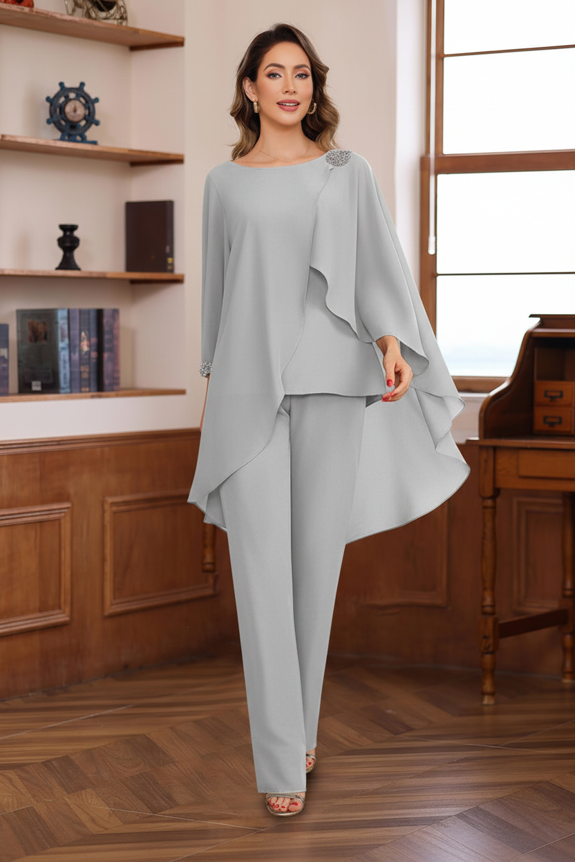 2 Pieces Chiffon Round Neck Floor-Length Mother of the Bride Pantsuits with Ruffles & Sequins & Beading