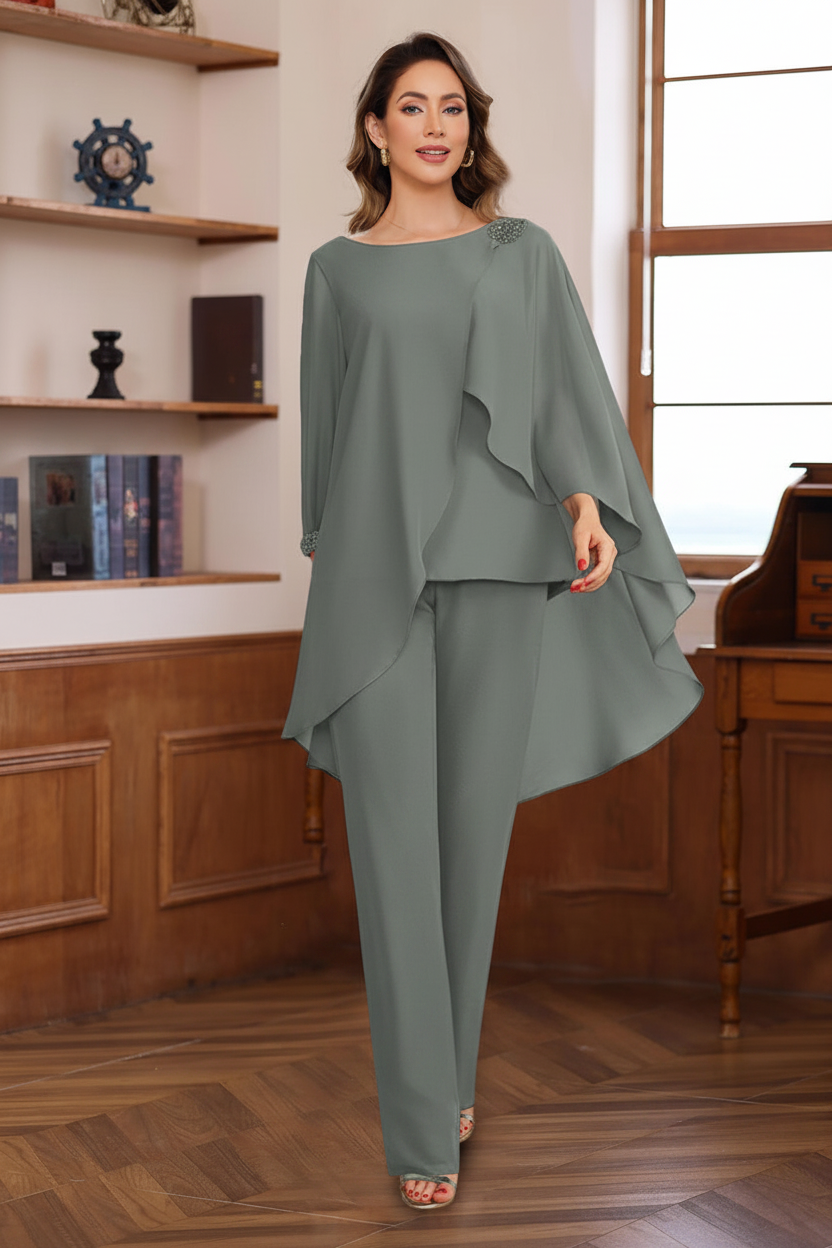 2 Pieces Chiffon Round Neck Floor-Length Mother of the Bride Pantsuits with Ruffles & Sequins & Beading