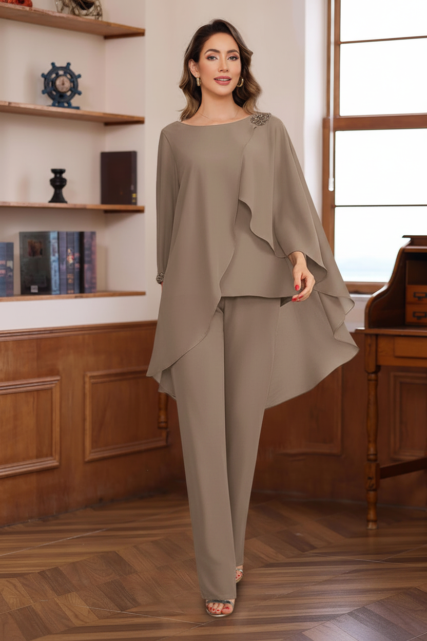 2 Pieces Chiffon Round Neck Floor-Length Mother of the Bride Pantsuits with Ruffles & Sequins & Beading