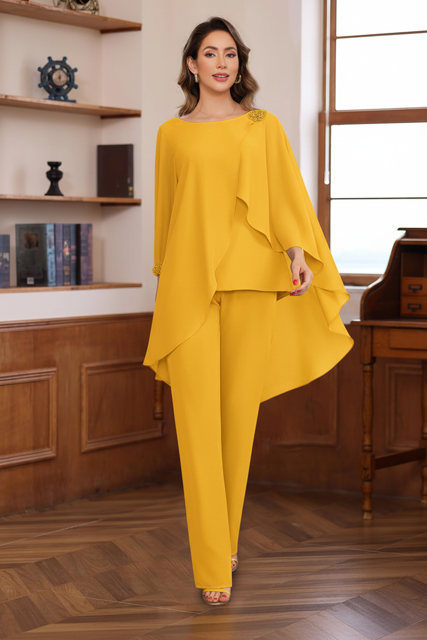 2 Pieces Chiffon Round Neck Floor-Length Mother of the Bride Pantsuits with Ruffles & Sequins & Beading