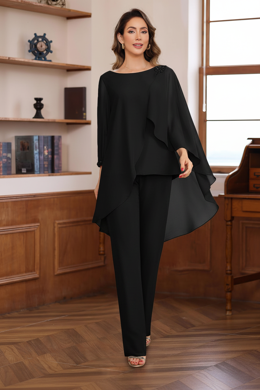 2 Pieces Chiffon Round Neck Floor-Length Mother of the Bride Pantsuits with Ruffles & Sequins & Beading