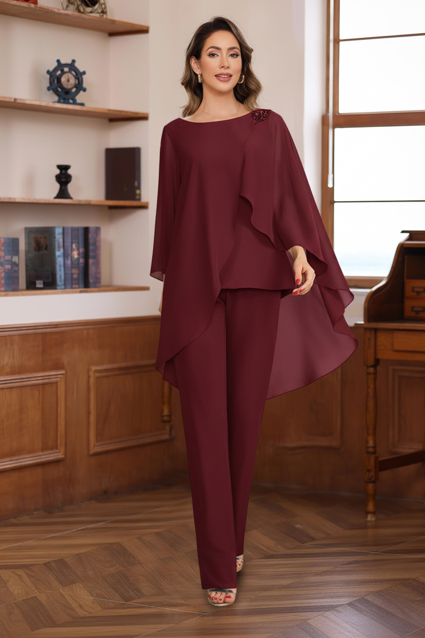 2 Pieces Chiffon Round Neck Floor-Length Mother of the Bride Pantsuits with Ruffles & Sequins & Beading